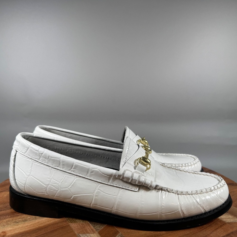 GH‎ Bass Weejuns Lianna Bit Croco White Leather Horsebit Loafers Size 7M